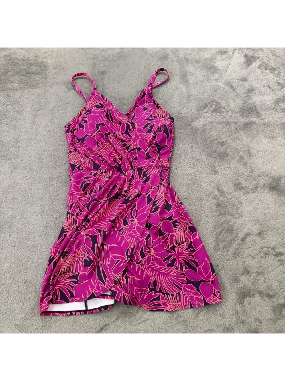 Lands End One Piece Swimsuit Swim Dress Purple Floral Womens MEDIUM